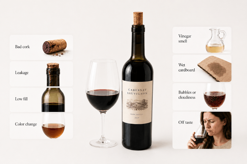Infographic showing signs that unopened wine has gone bad after opening
