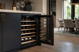 Open built-in wine cooler with wooden shelves in a modern kitchen