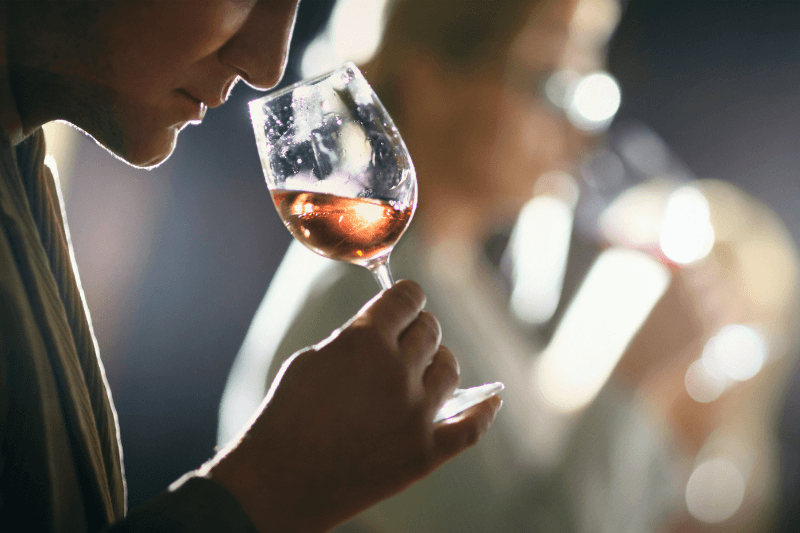 Person smelling wine in a glass to check its aroma and quality