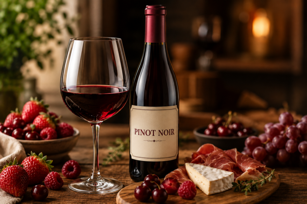 Pinot Noir served with berries, grapes, cheese, and charcuterie pairing board