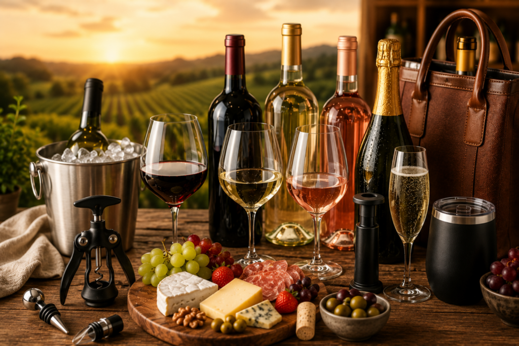 Wine accessories, bottles, and glasses arranged for beginner wine enjoyment